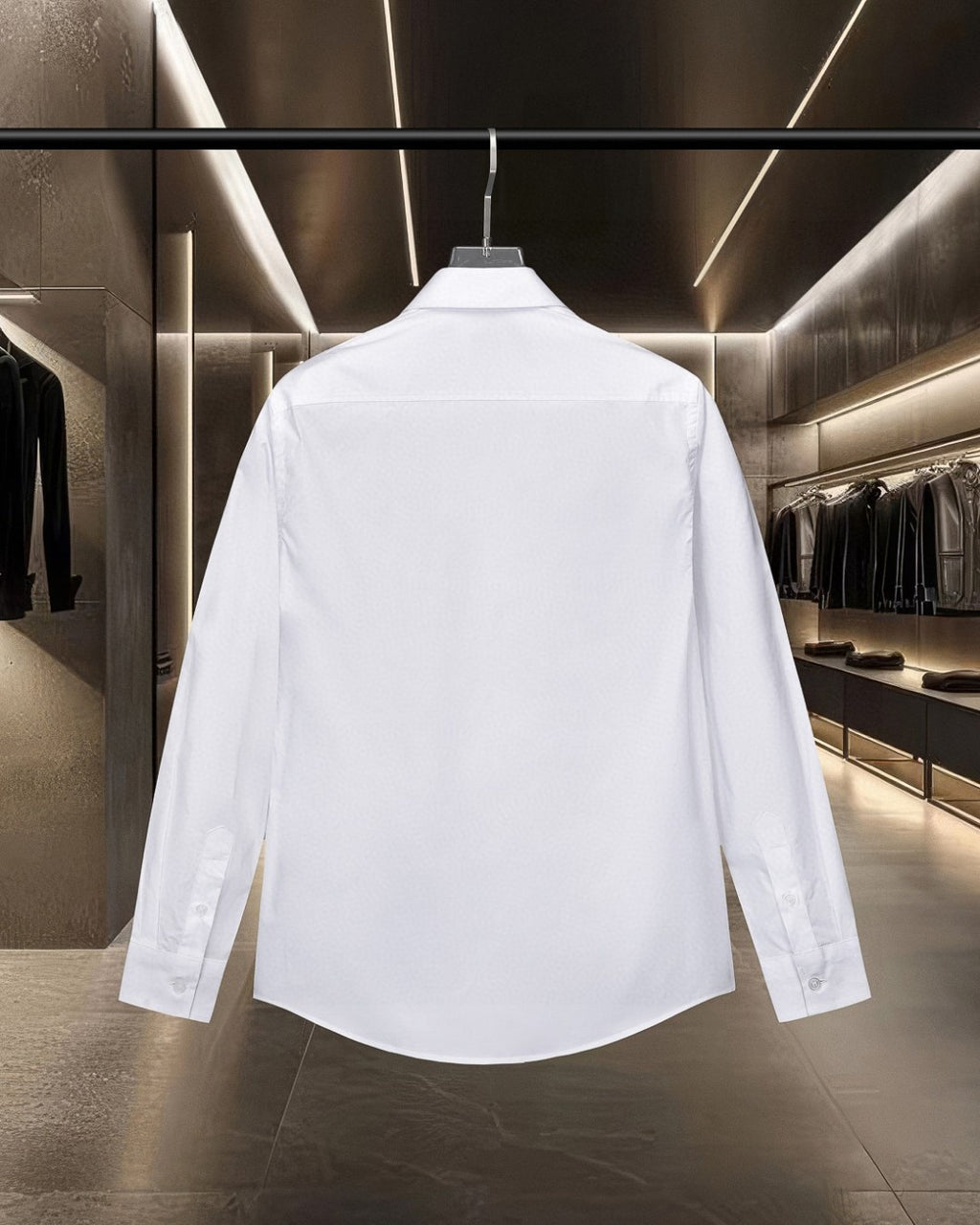 White Burberry long-sleeve dress shirt, back view with yoke and shoulder seams