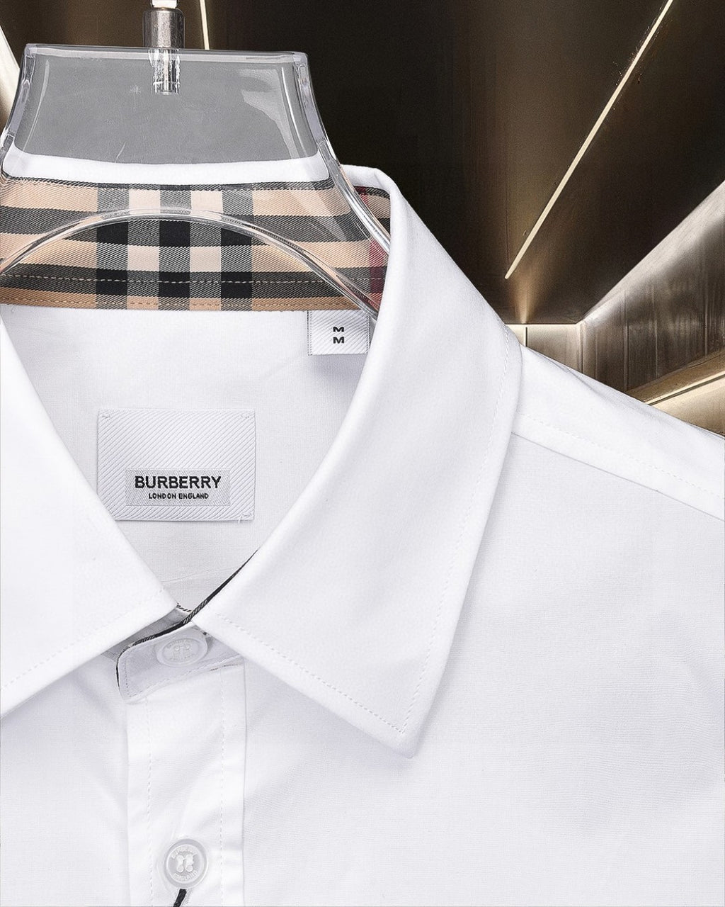 White Burberry dress shirt with check-lined collar trim and logo label detail