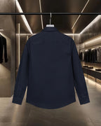 Navy long-sleeve button-up shirt back view with point collar