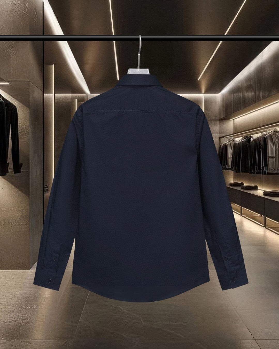 Navy long-sleeve button-up shirt back view with point collar