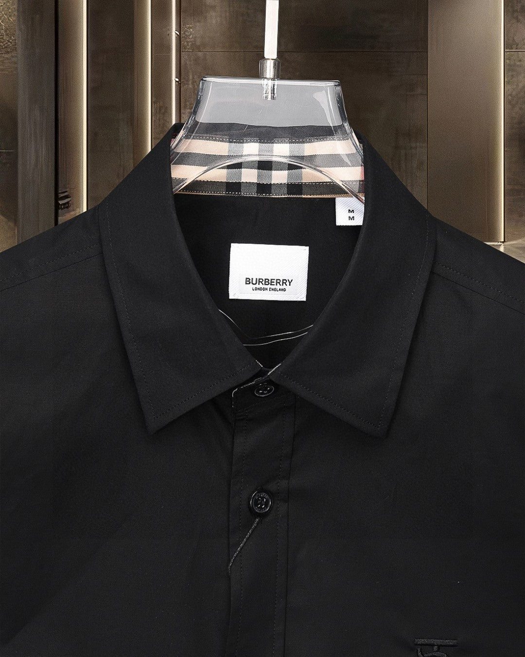Burberry button-up shirt with point collar and front logo label, dark