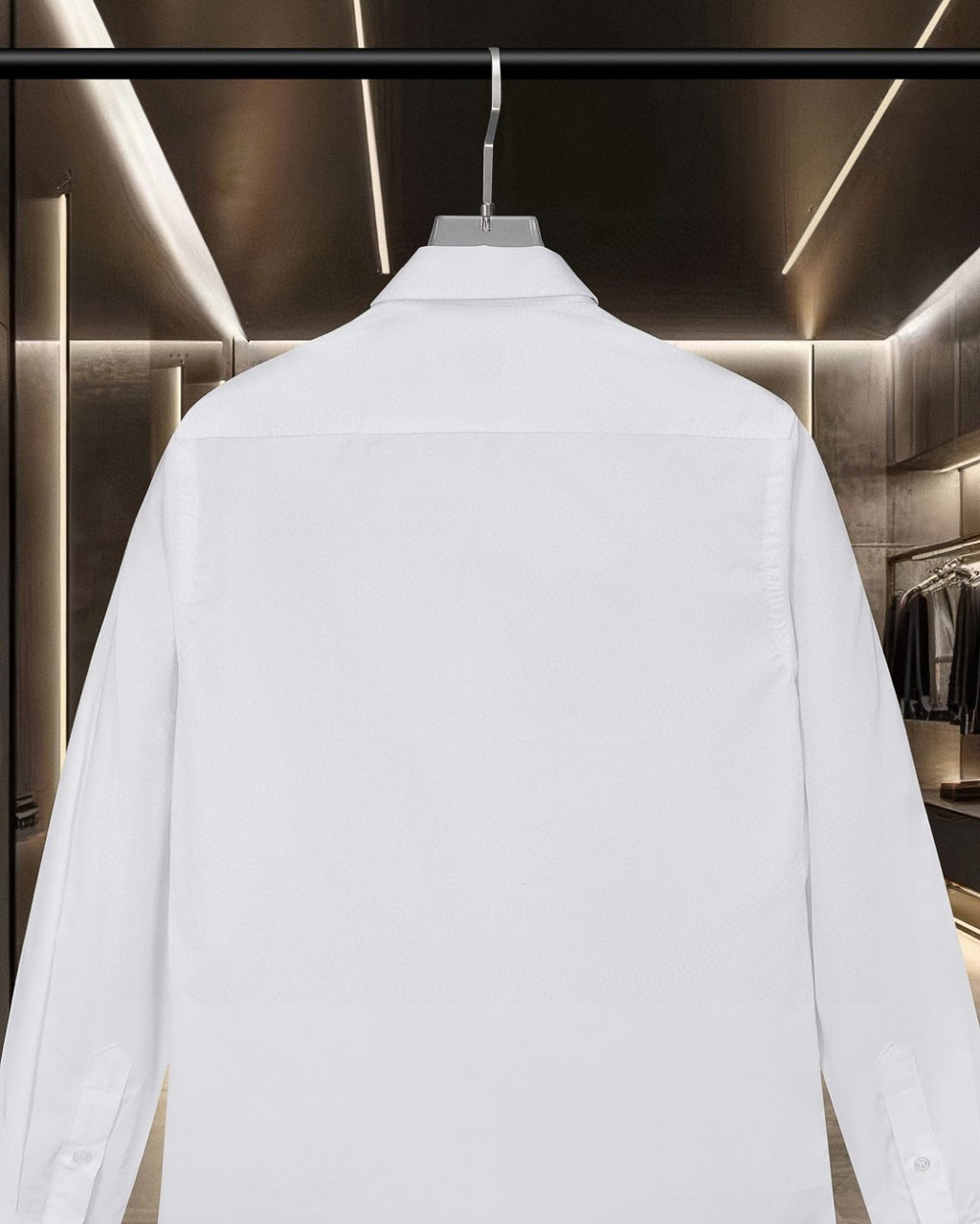 White long-sleeve button-up shirt, plain back view
