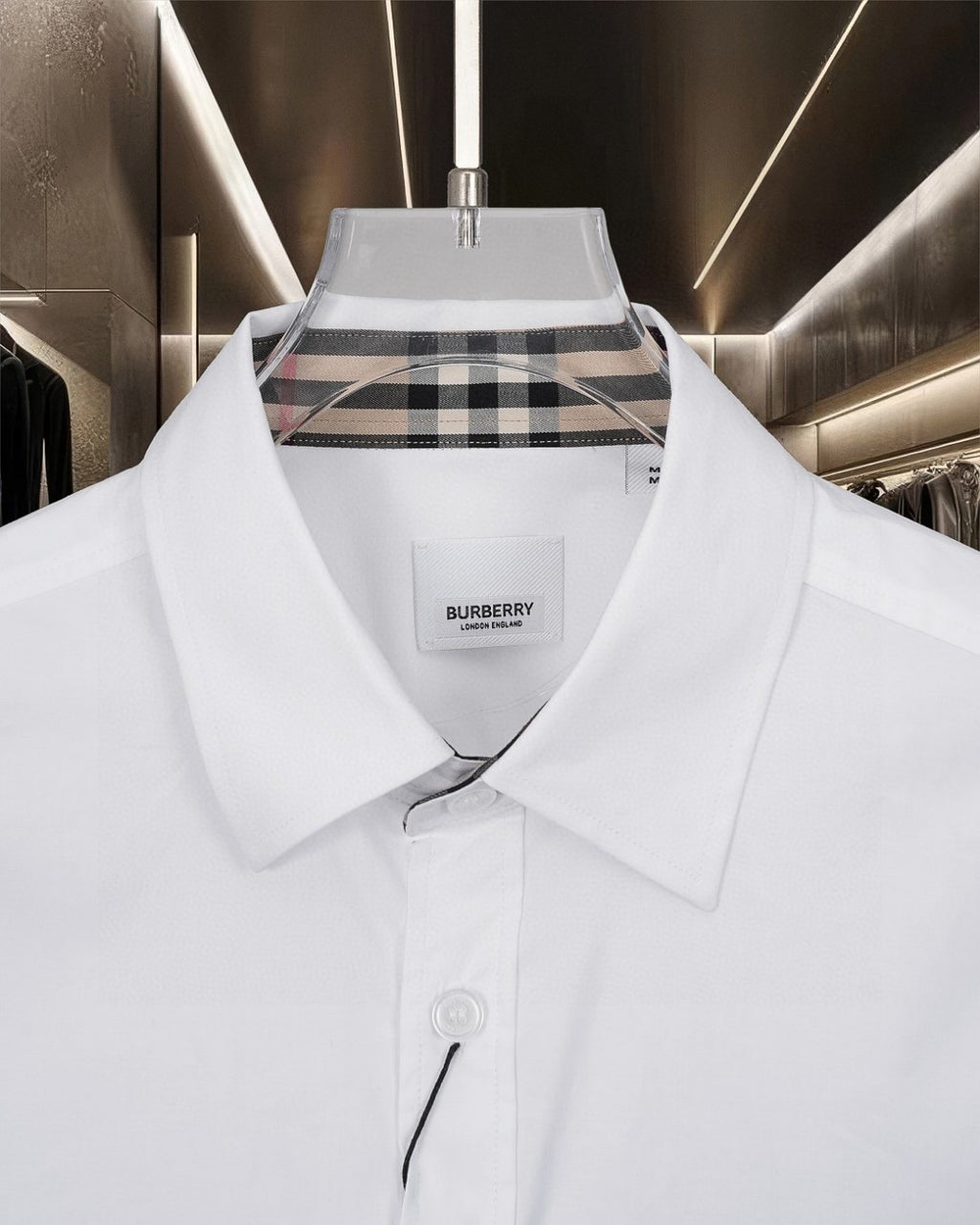 White long-sleeve button-up shirt with check-pattern inner neckline