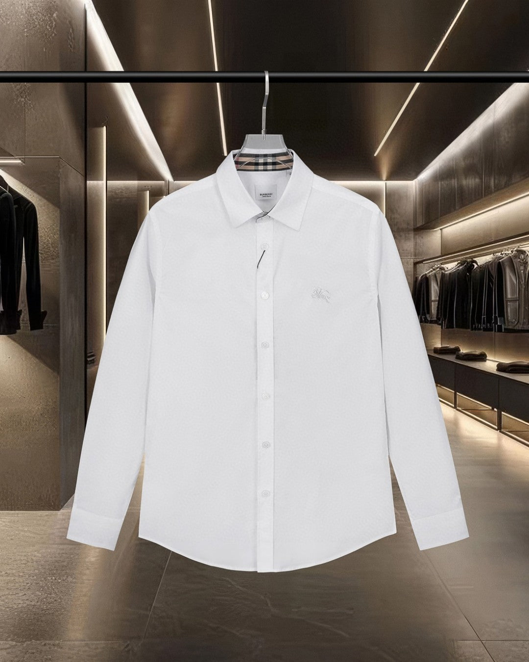 White long-sleeve button-up shirt with point collar and chest patch pocket