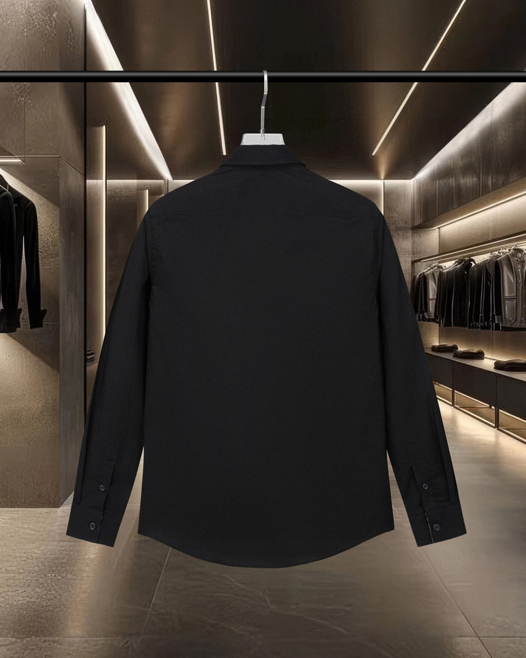Black long-sleeve button-up shirt, back view with long sleeves and button cuffs