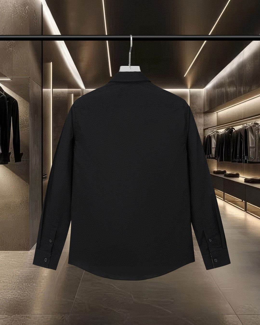 Black long-sleeve button-up shirt, back view with long sleeves and button cuffs