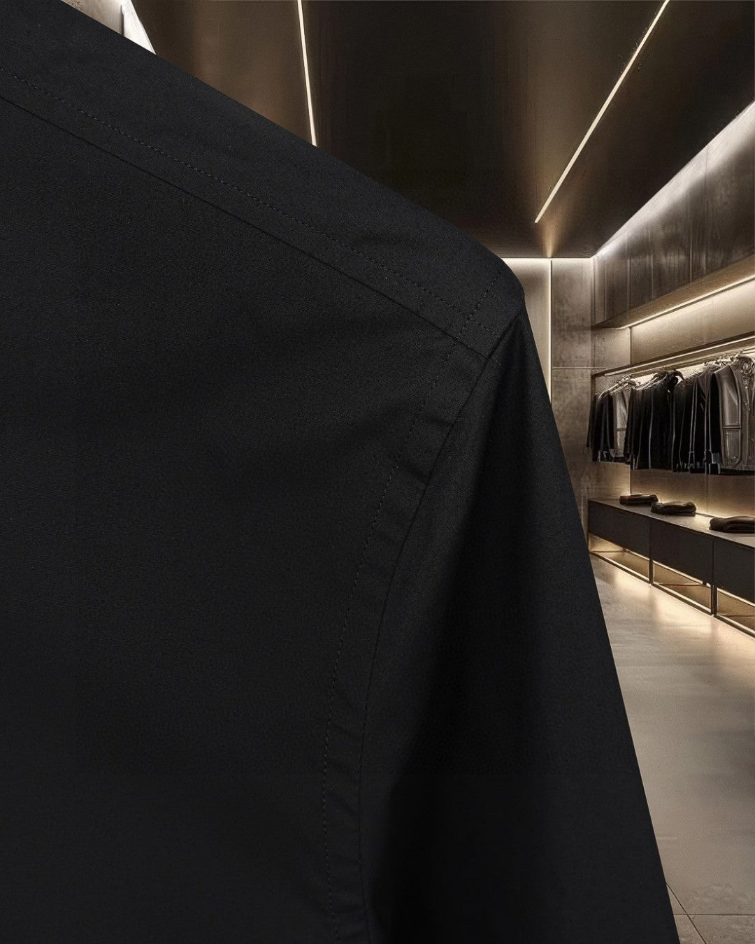 Black shirt side seam and shoulder detail with buttoned cuff