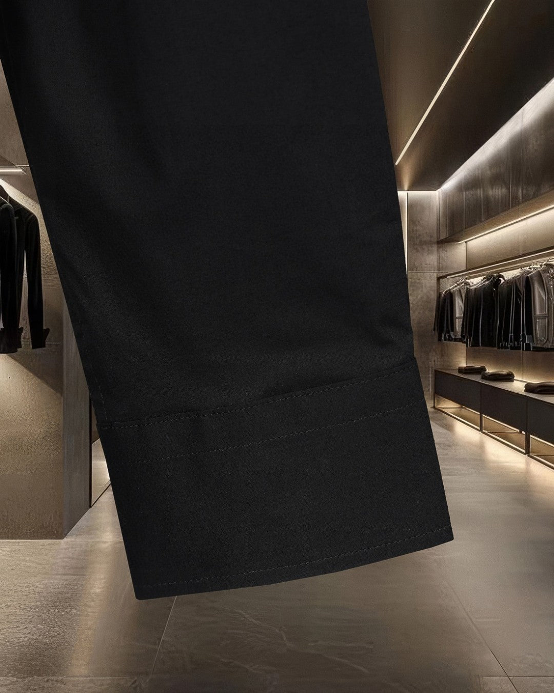 Black shirt hem with side seam detail