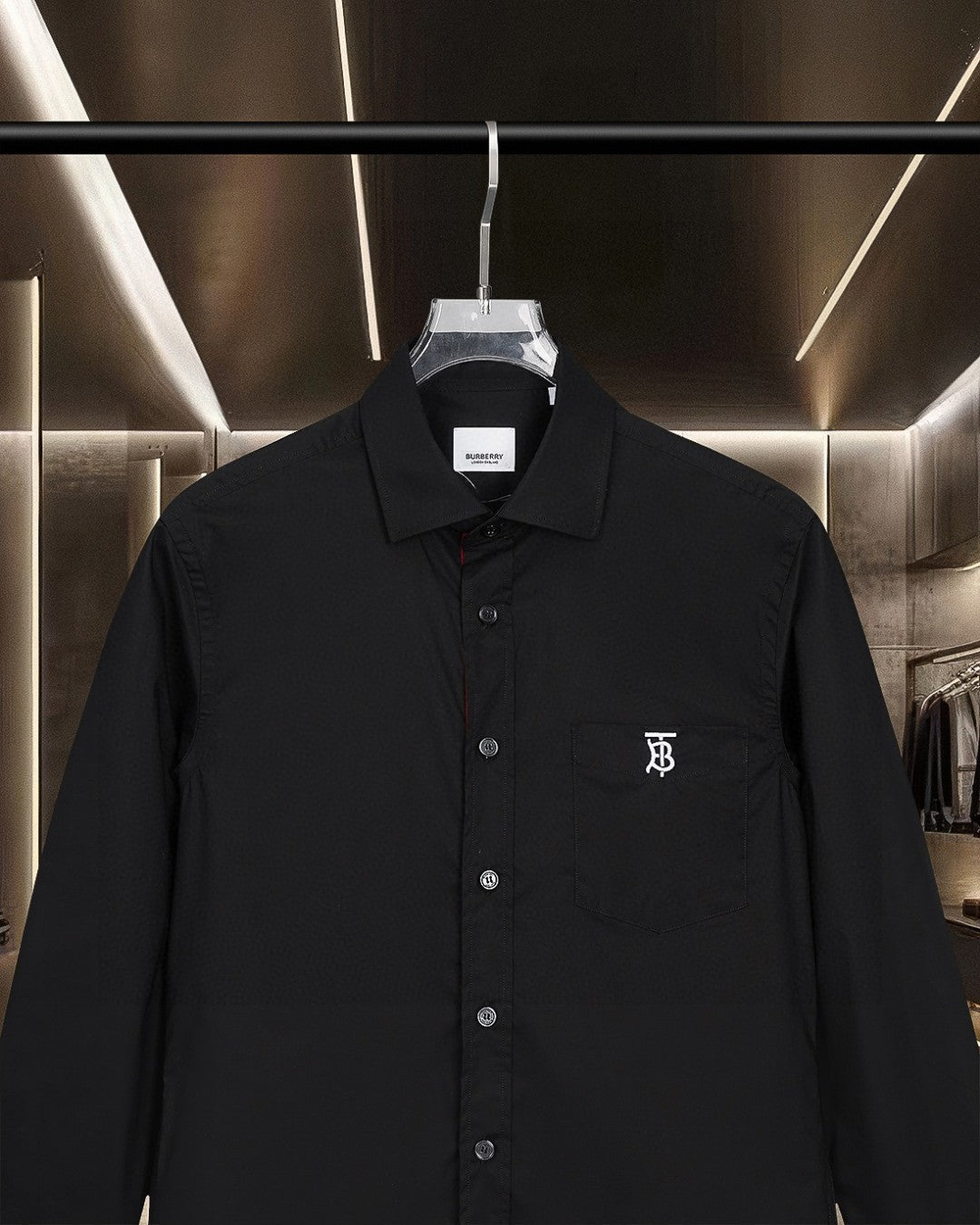 Burberry long-sleeve shirt front, button placket, chest TB logo, dark black