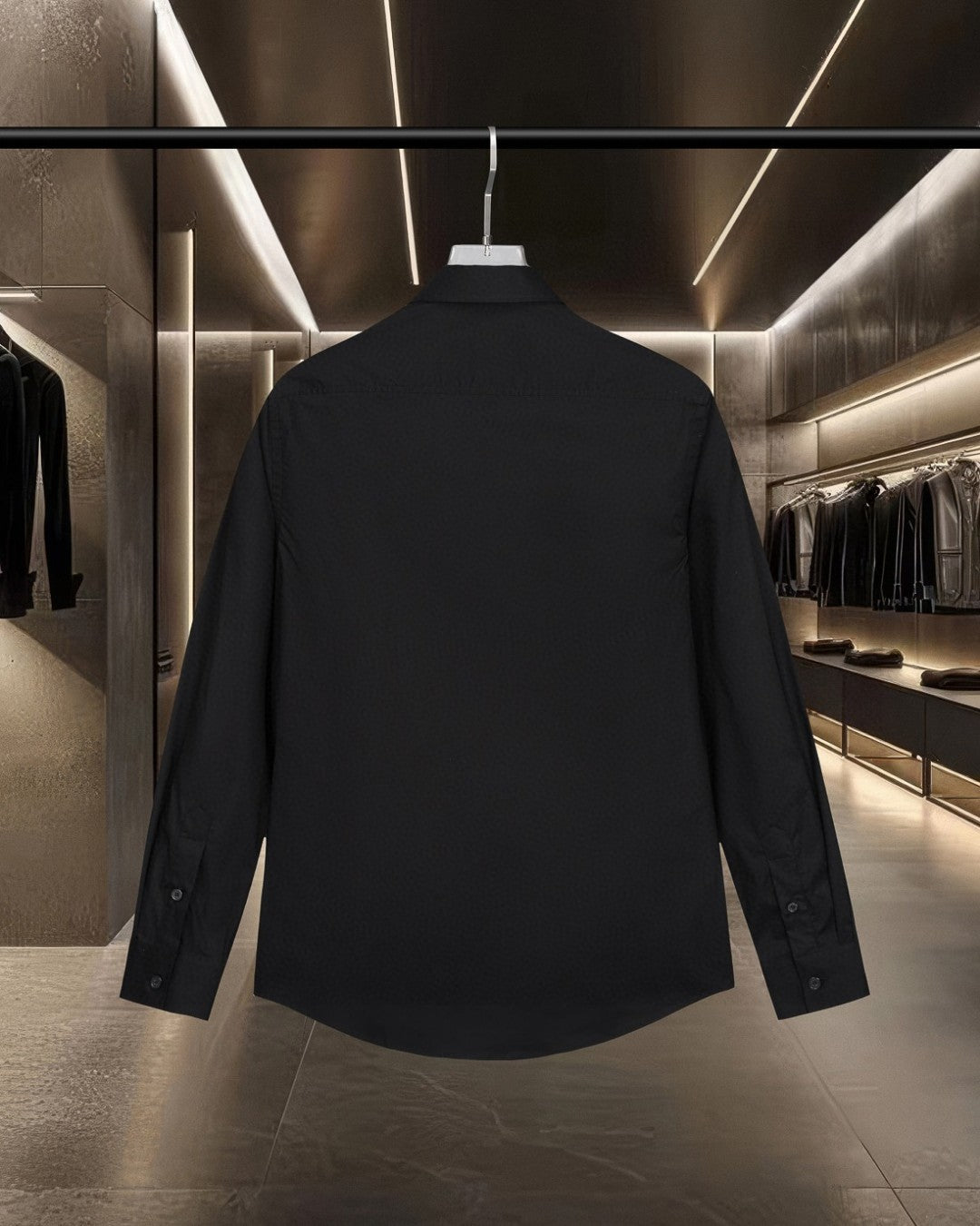 Burberry long-sleeve shirt back view, button cuffs, dark black