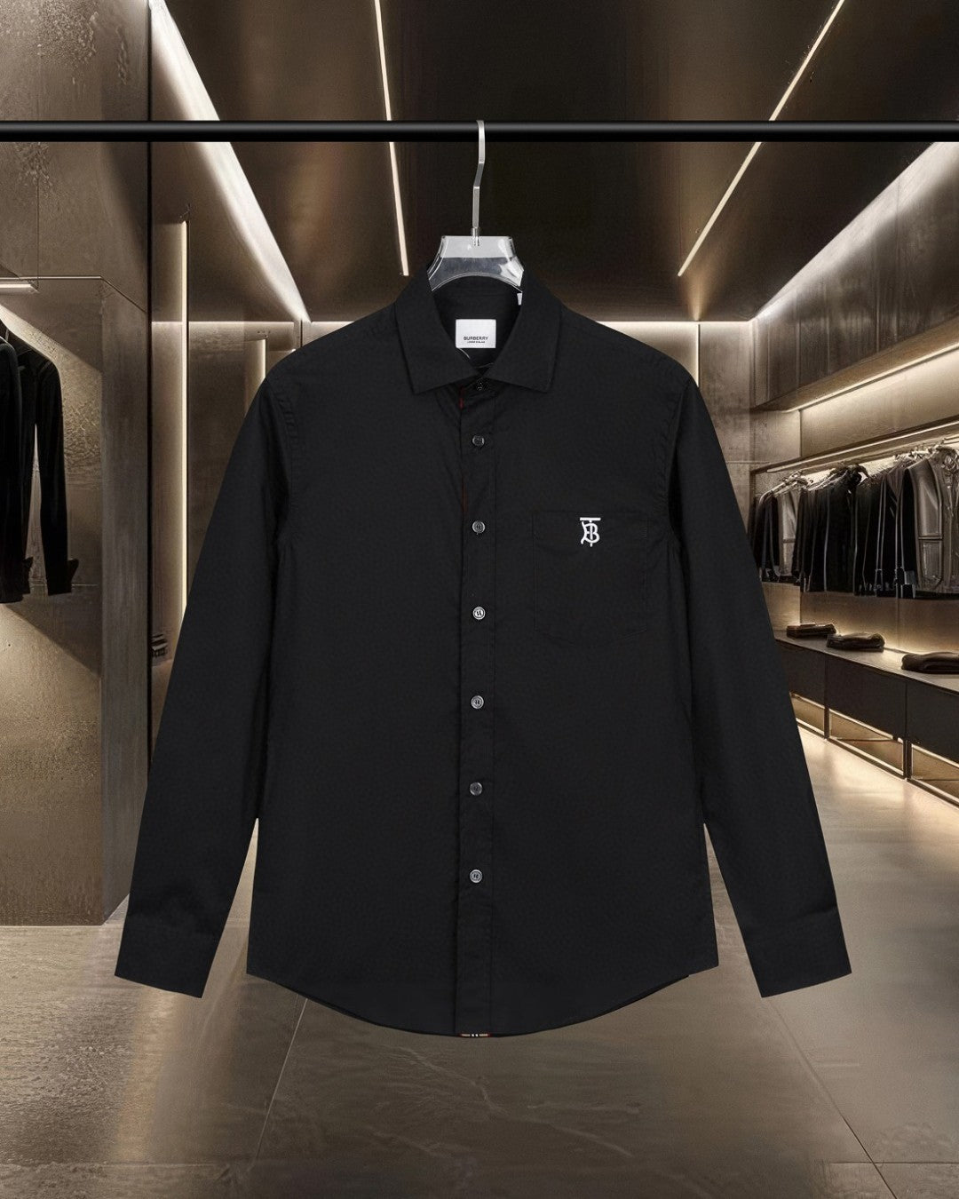 Burberry long-sleeve shirt, dark black, button-front and point collar