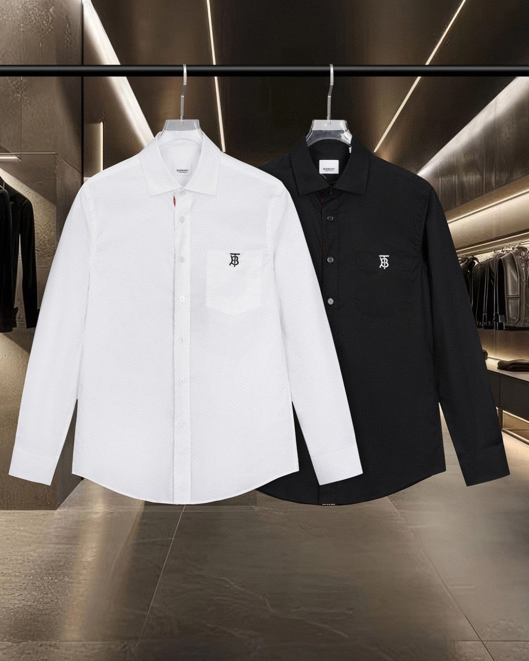 Burberry long-sleeve button-up shirts in white and black, with chest logo