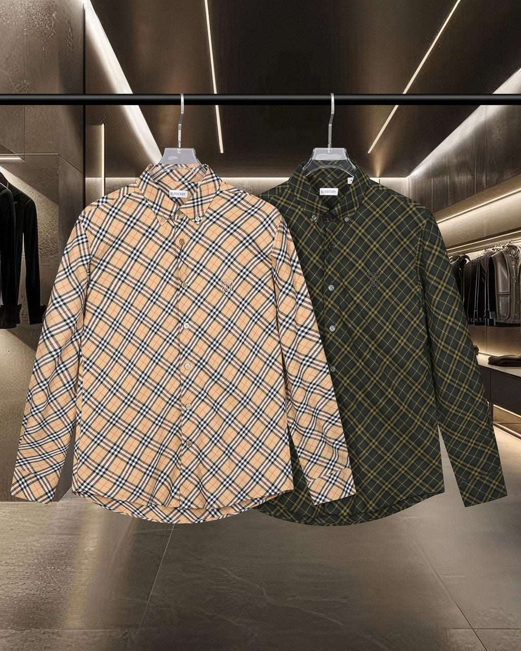 Burberry long-sleeve plaid button-up shirts, light tan and dark green checks