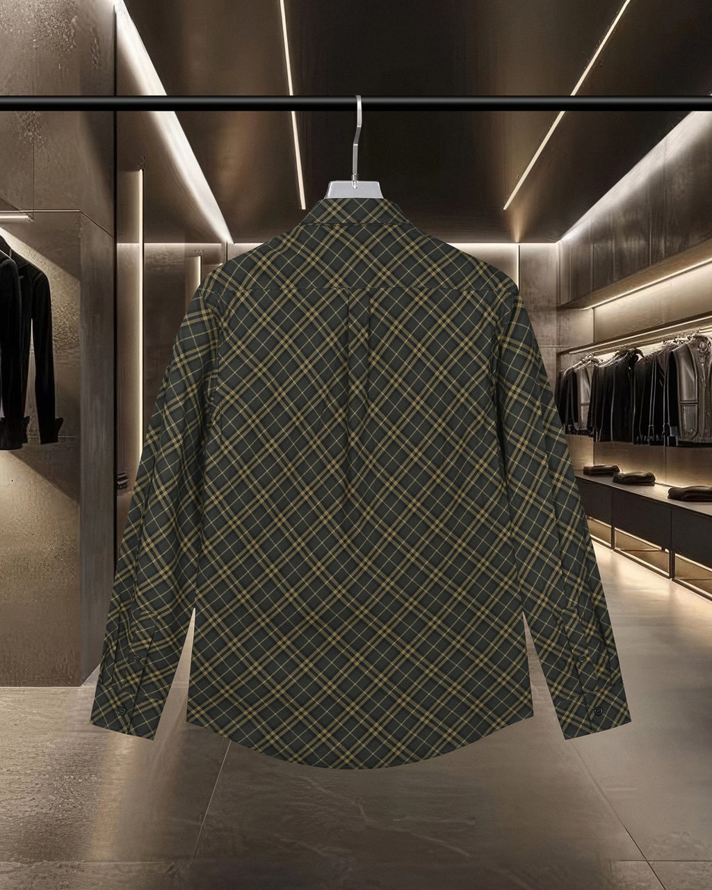 Plaid button-up shirt back view with long sleeves, dark green and yellow grid pattern