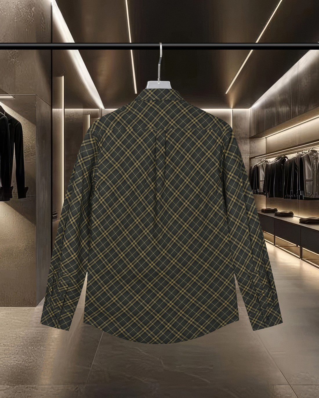 Plaid button-up shirt back view with long sleeves, dark green and yellow grid pattern