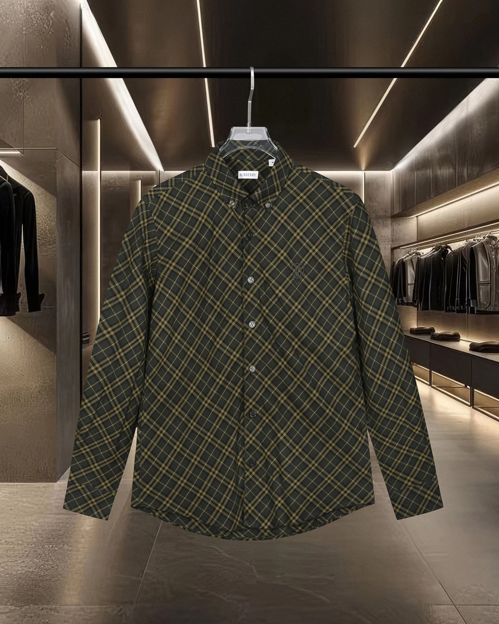 Plaid button-up shirt with long sleeves, dark green and yellow grid, button front