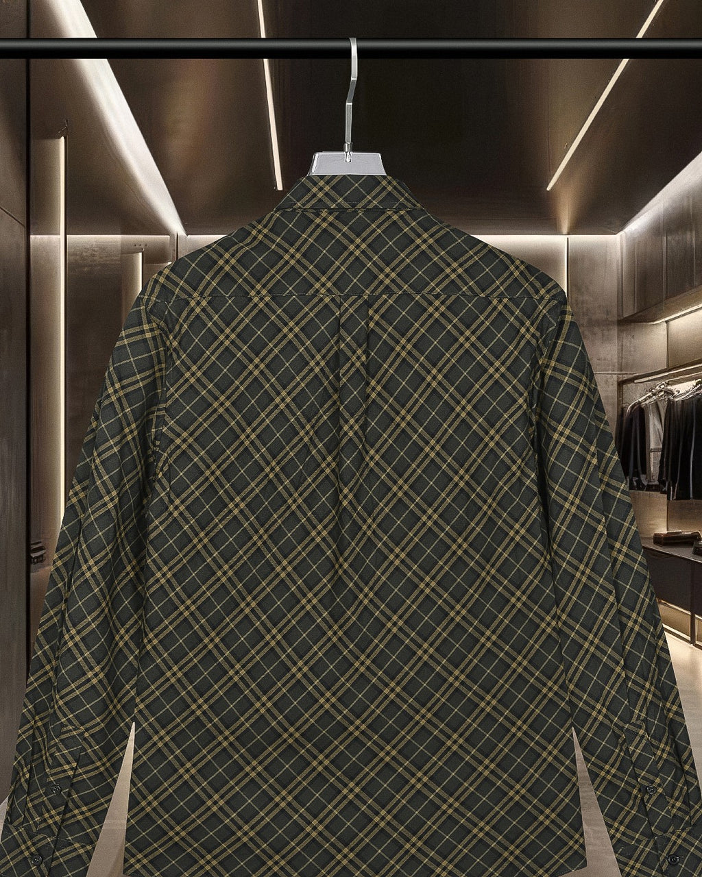 Plaid button-up shirt back view with long sleeves, dark green and yellow grid pattern