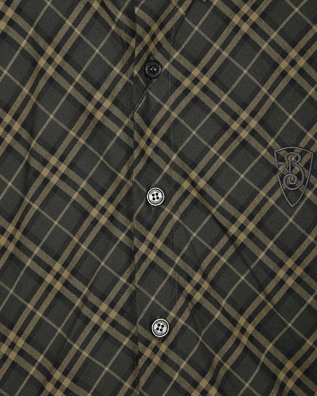 Burberry plaid button-up shirt detail, dark green fabric with yellow grid and crest patch