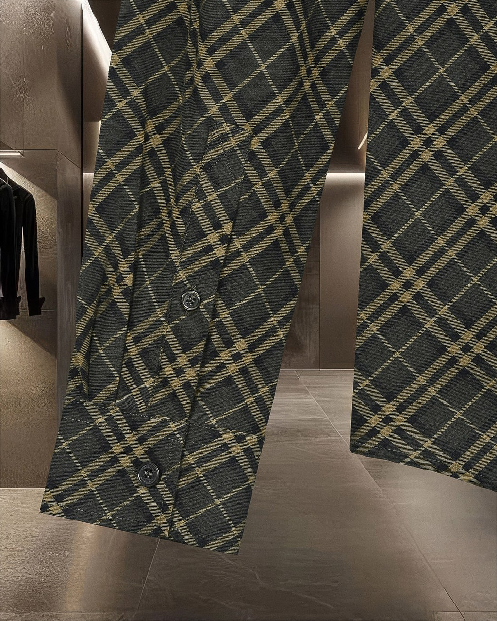 Plaid button-up shirt sleeve and hem, dark green and yellow grid pattern, button detail