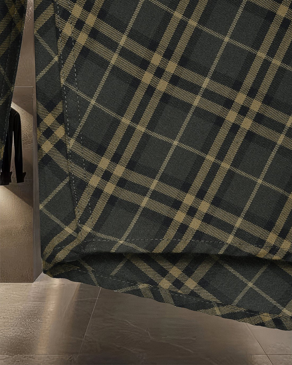 Plaid button-up shirt fabric, dark green with yellow grid pattern