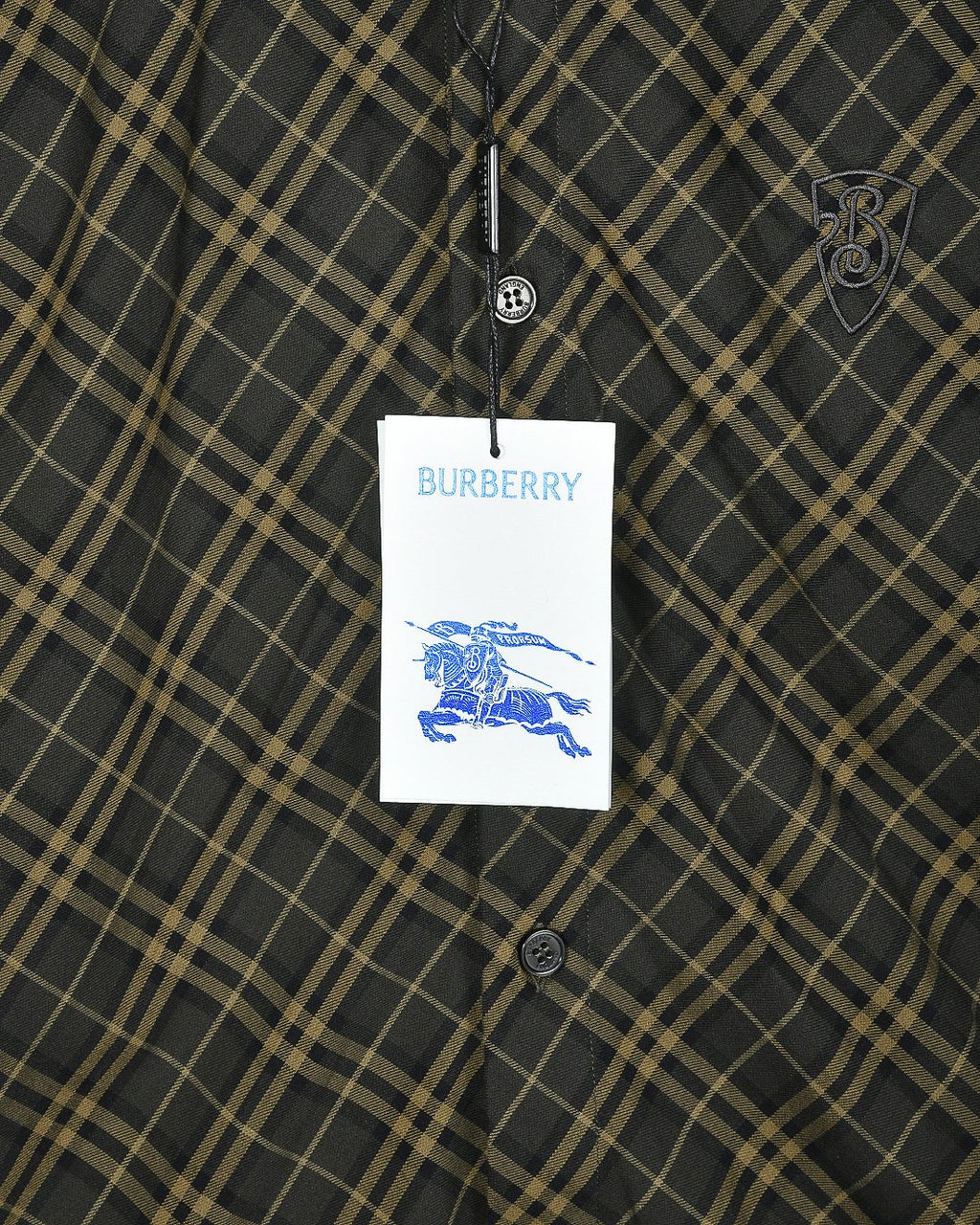 Burberry plaid button-up shirt with hang tag, long sleeves, dark green and yellow grid