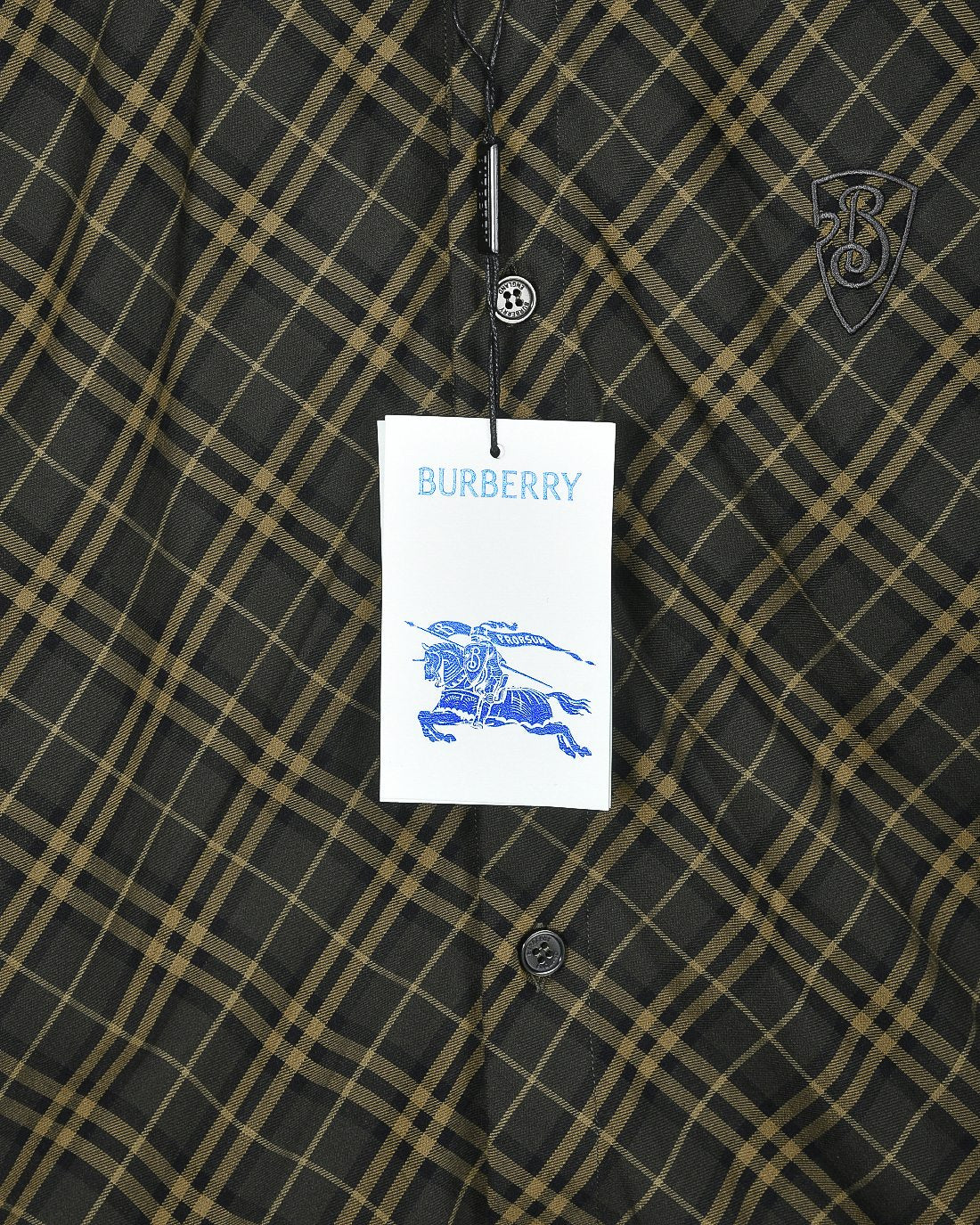 Burberry plaid button-up shirt with hang tag, long sleeves, dark green and yellow grid