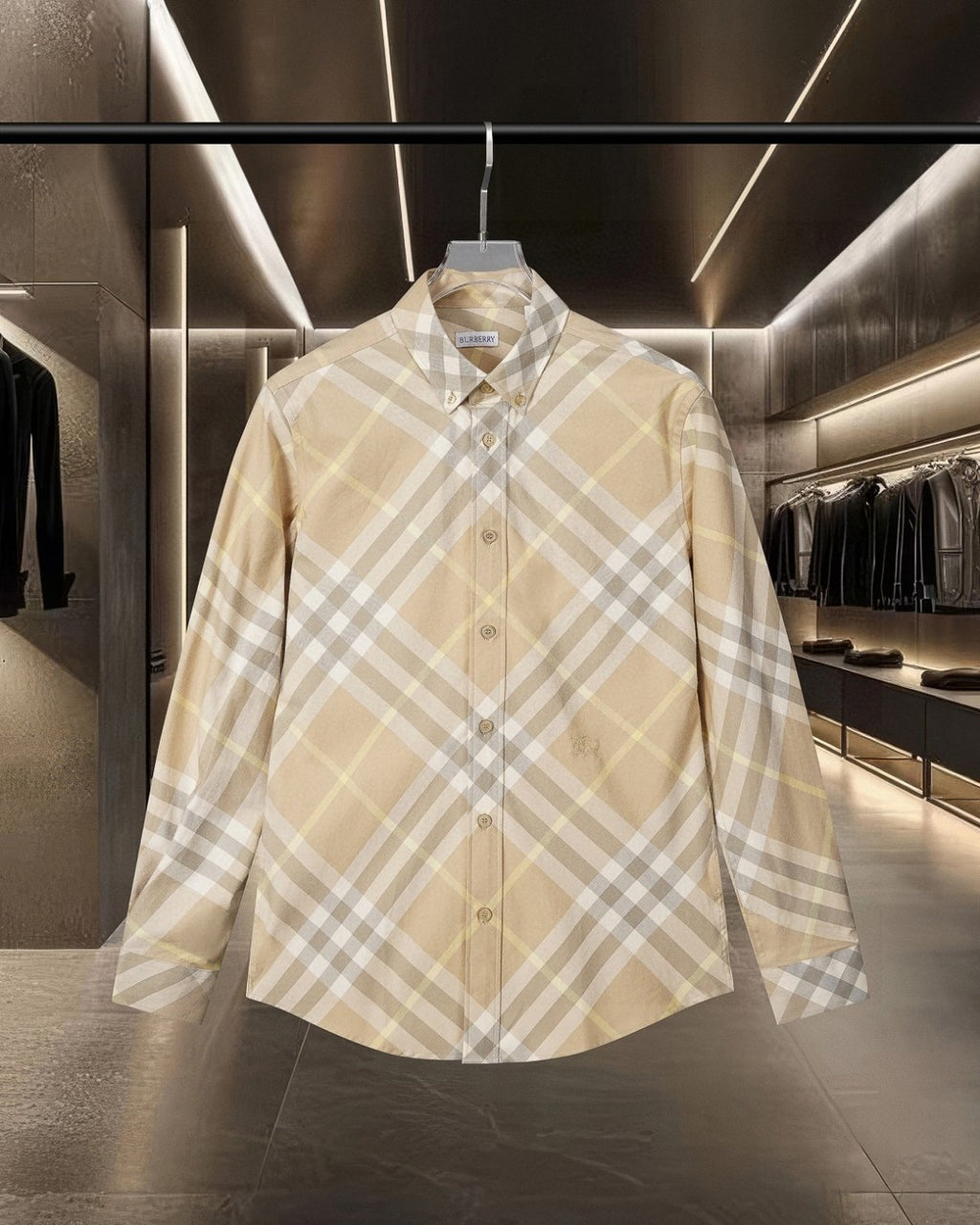 Long-sleeve button-up shirt in beige plaid with buttoned collar and placket