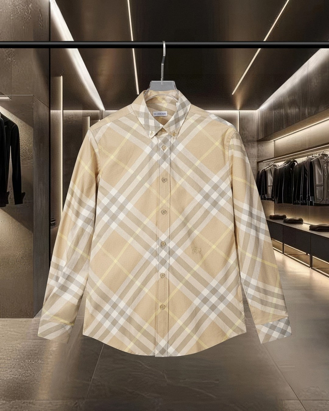 Long-sleeve button-up shirt in beige plaid with buttoned collar and placket