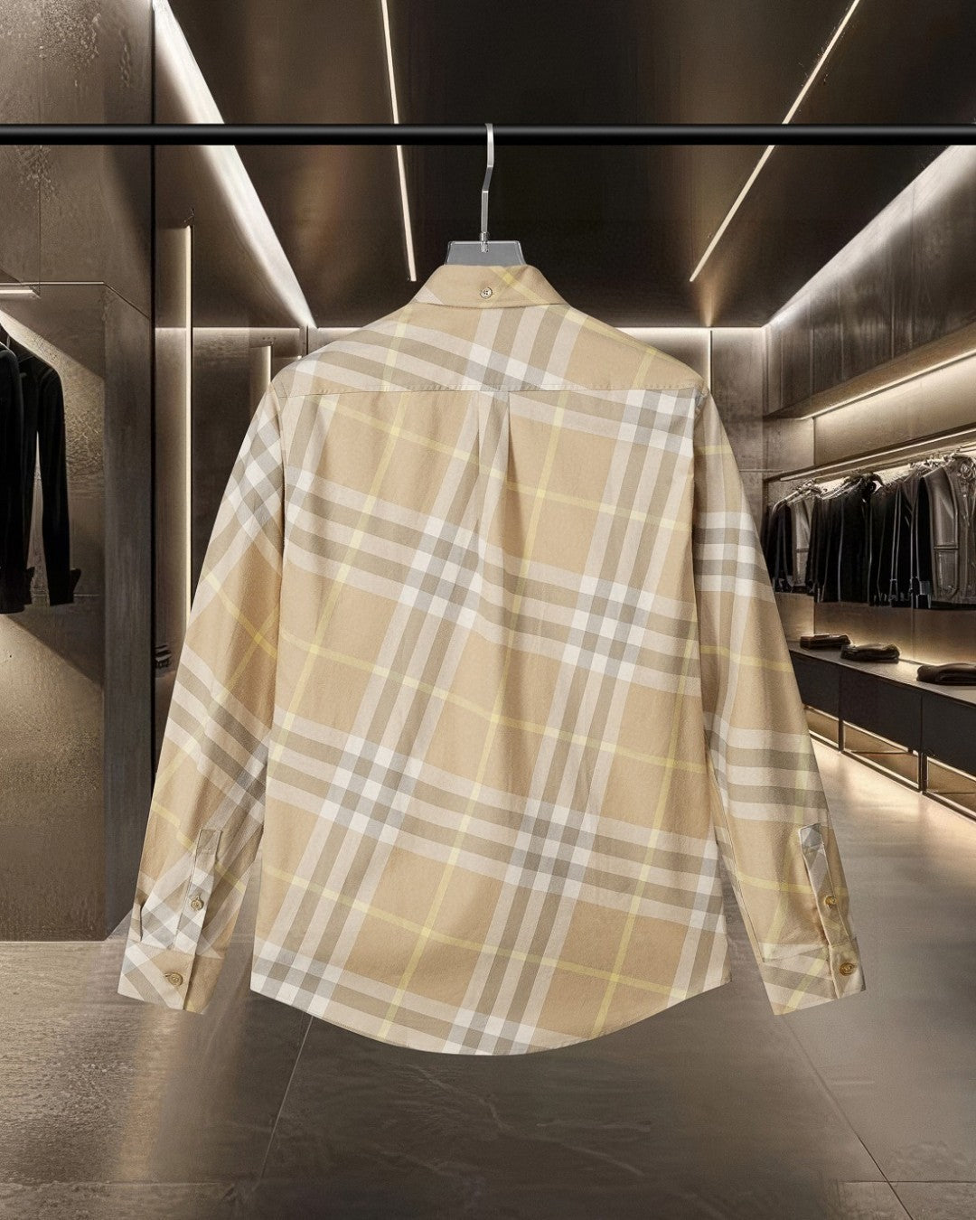 Long-sleeve button-up shirt in beige plaid, back view with full yoke