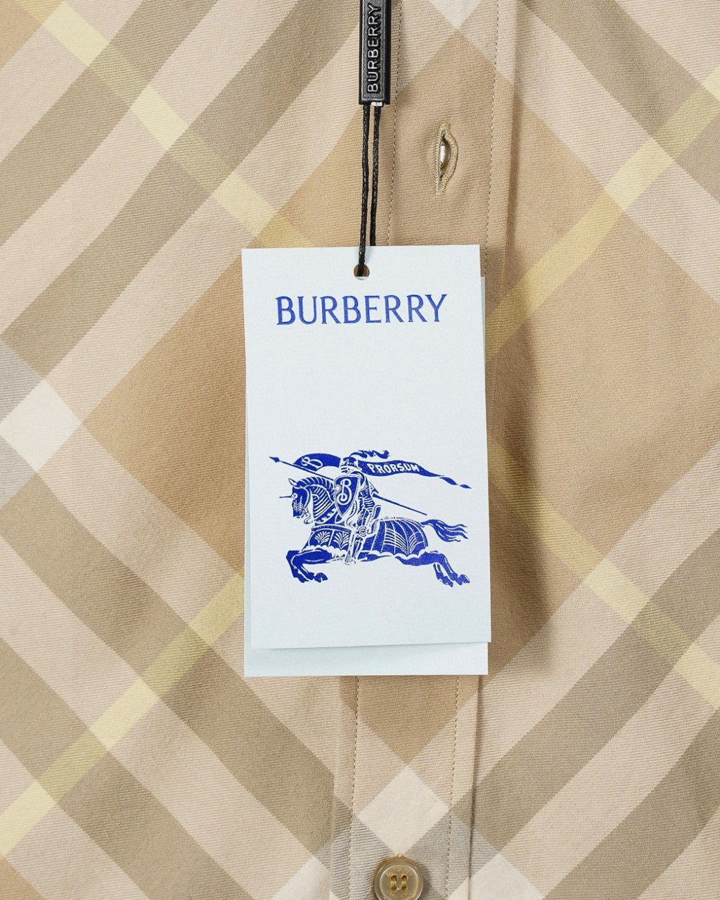 Long-sleeve shirt in beige plaid with hanging tag at chest
