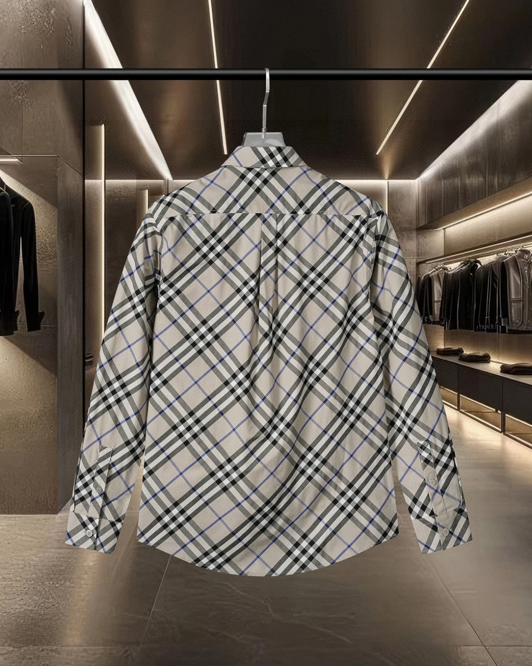 Long-sleeve button-up check shirt, back view, white with black and blue plaid