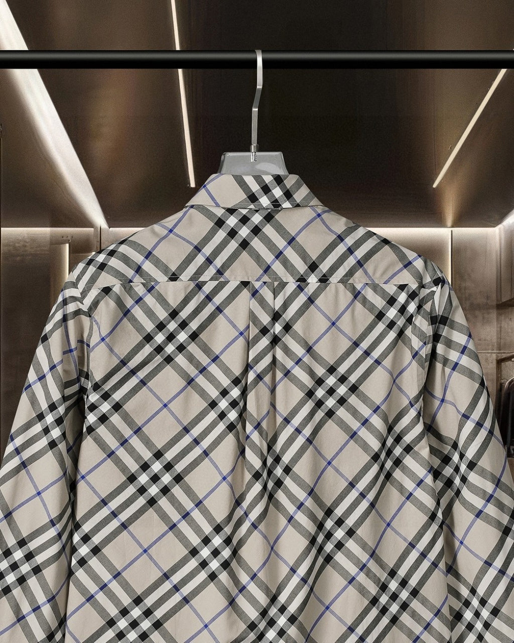 Long-sleeve button-up check shirt, back view with split yoke and shoulder seam