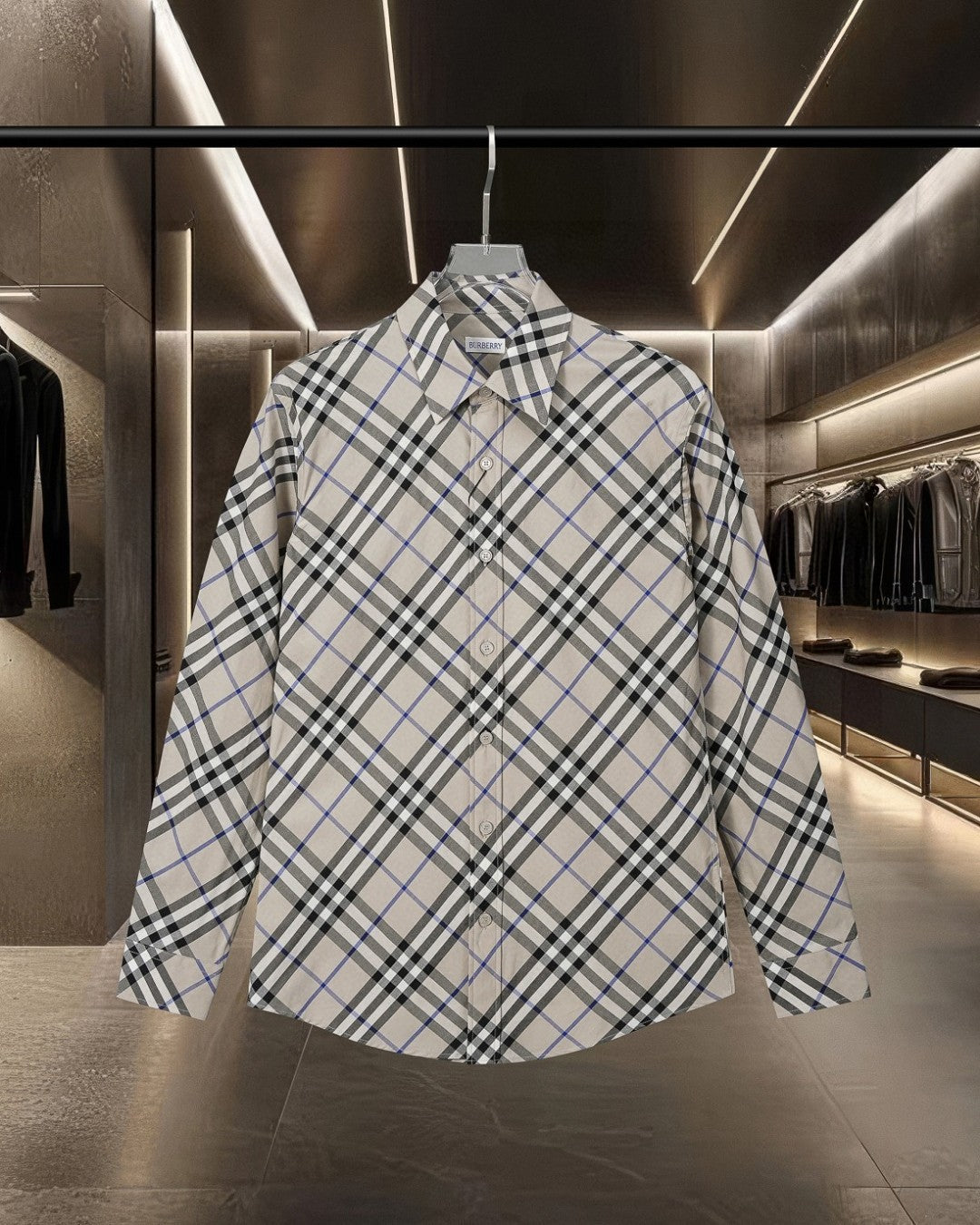 Long-sleeve button-up check shirt, white with black and blue plaid