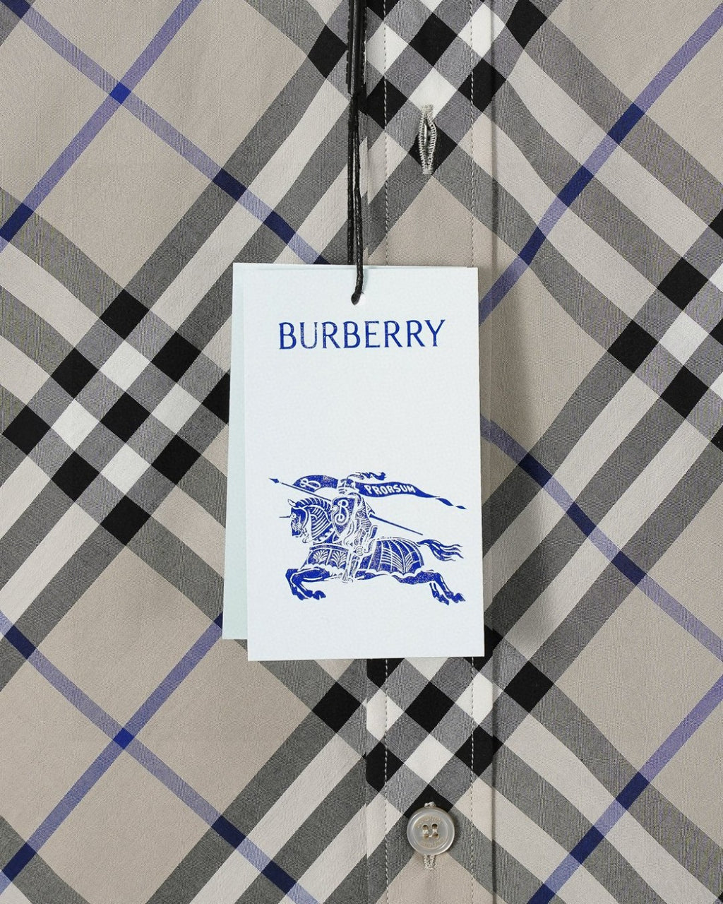 Long-sleeve check shirt with Burberry hang tag, white with black and blue plaid