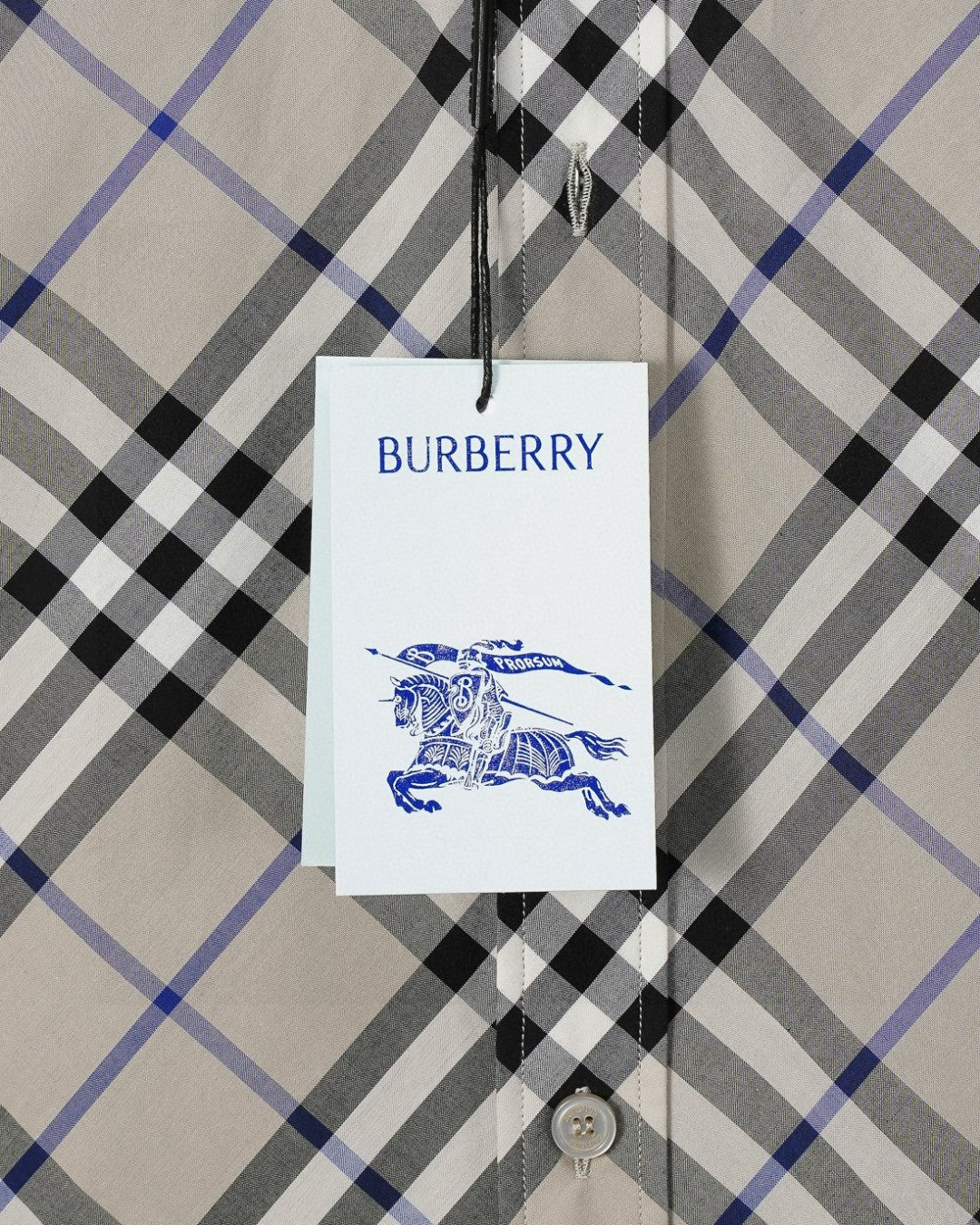Long-sleeve check shirt with Burberry hang tag, white with black and blue plaid
