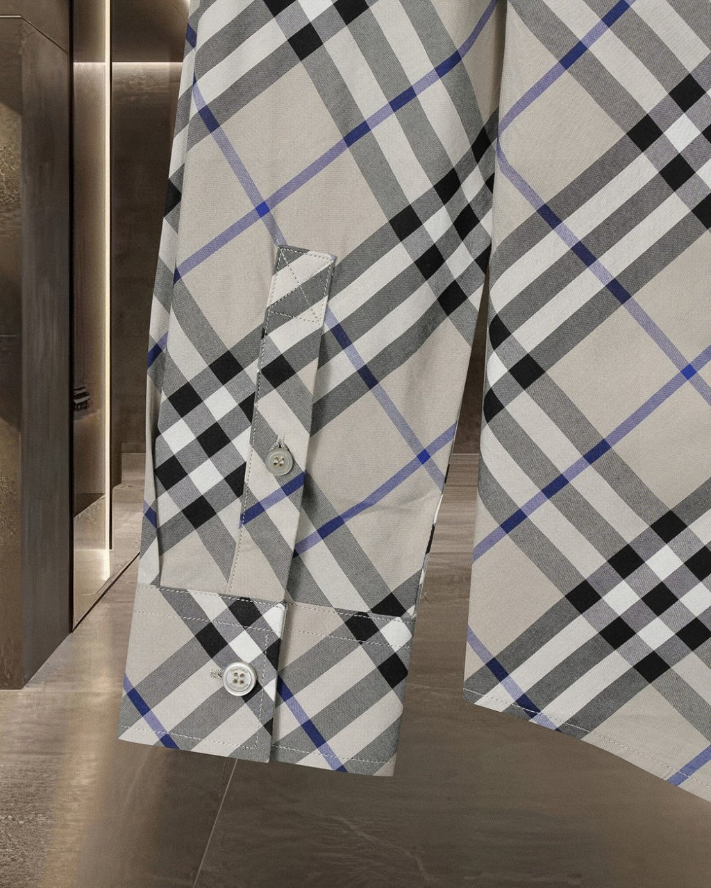 Long Burberry plaid shirt with button front, long sleeves, black, blue, and white