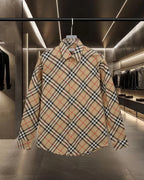 Burberry plaid button-up shirt with long sleeves, beige with black and red checks