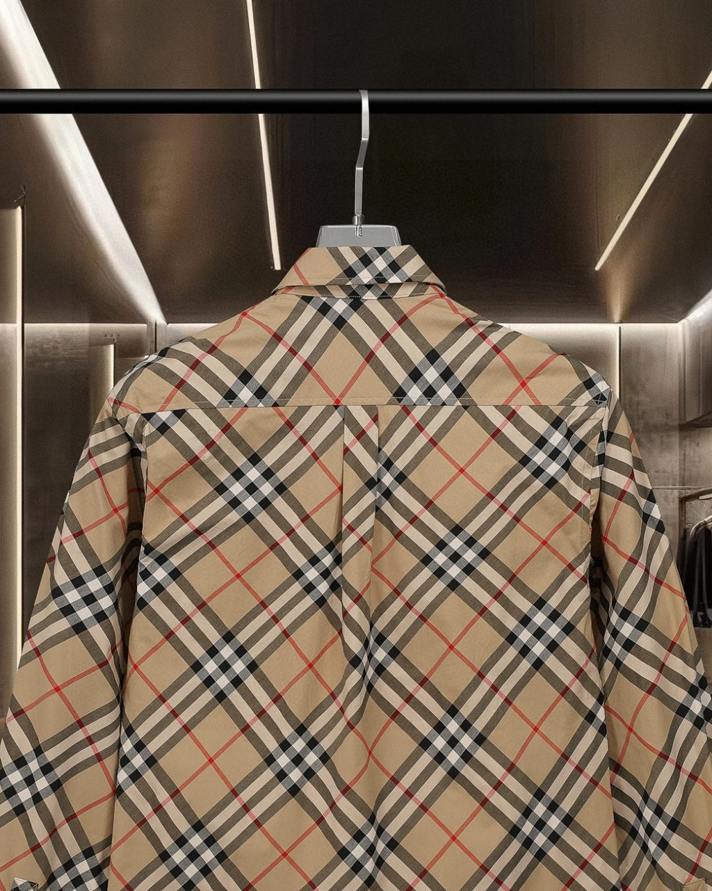 Burberry plaid button-up shirt back view, beige with black and red check pattern