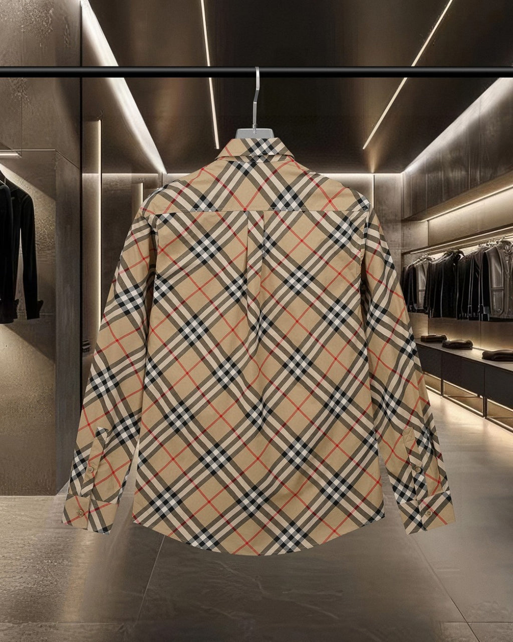 Burberry plaid button-up shirt, back view in beige with black and red check pattern
