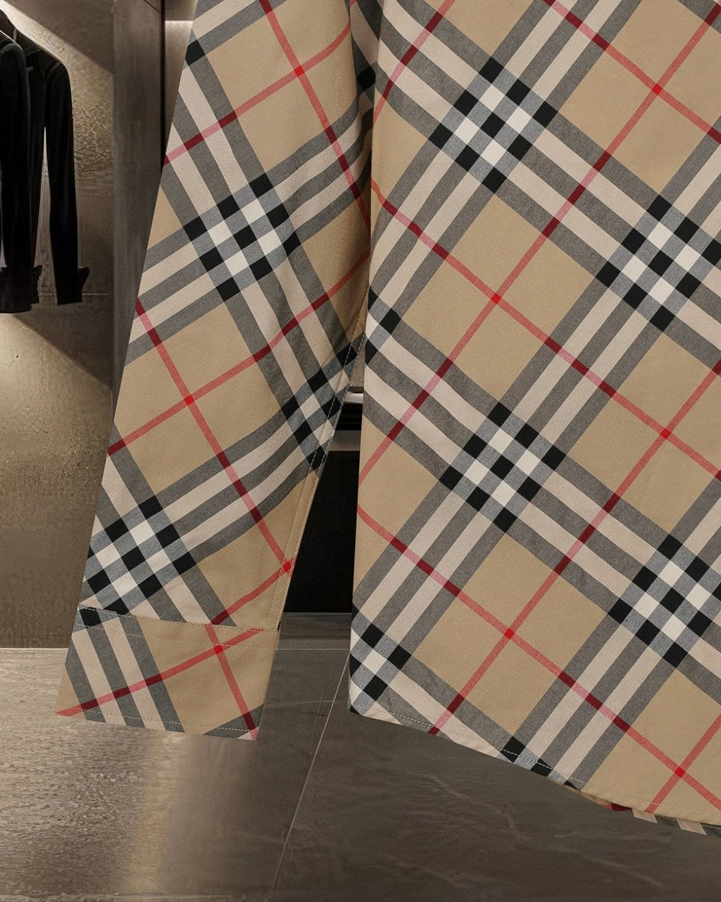 Burberry plaid button-up shirt side view, beige with black and red check pattern