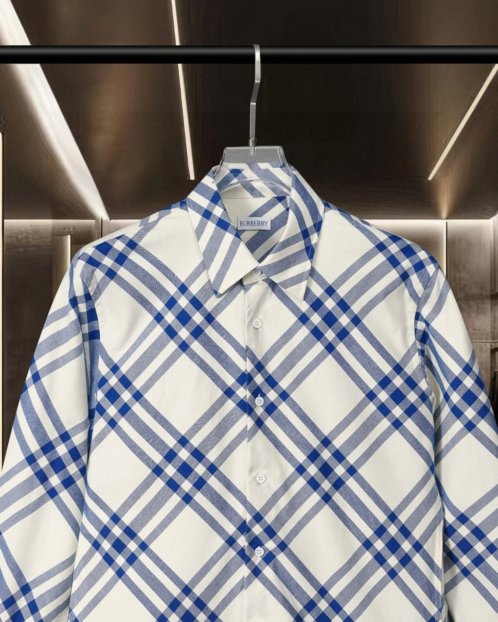 Burberry long-sleeve plaid shirt close-up: pointed collar and button placket