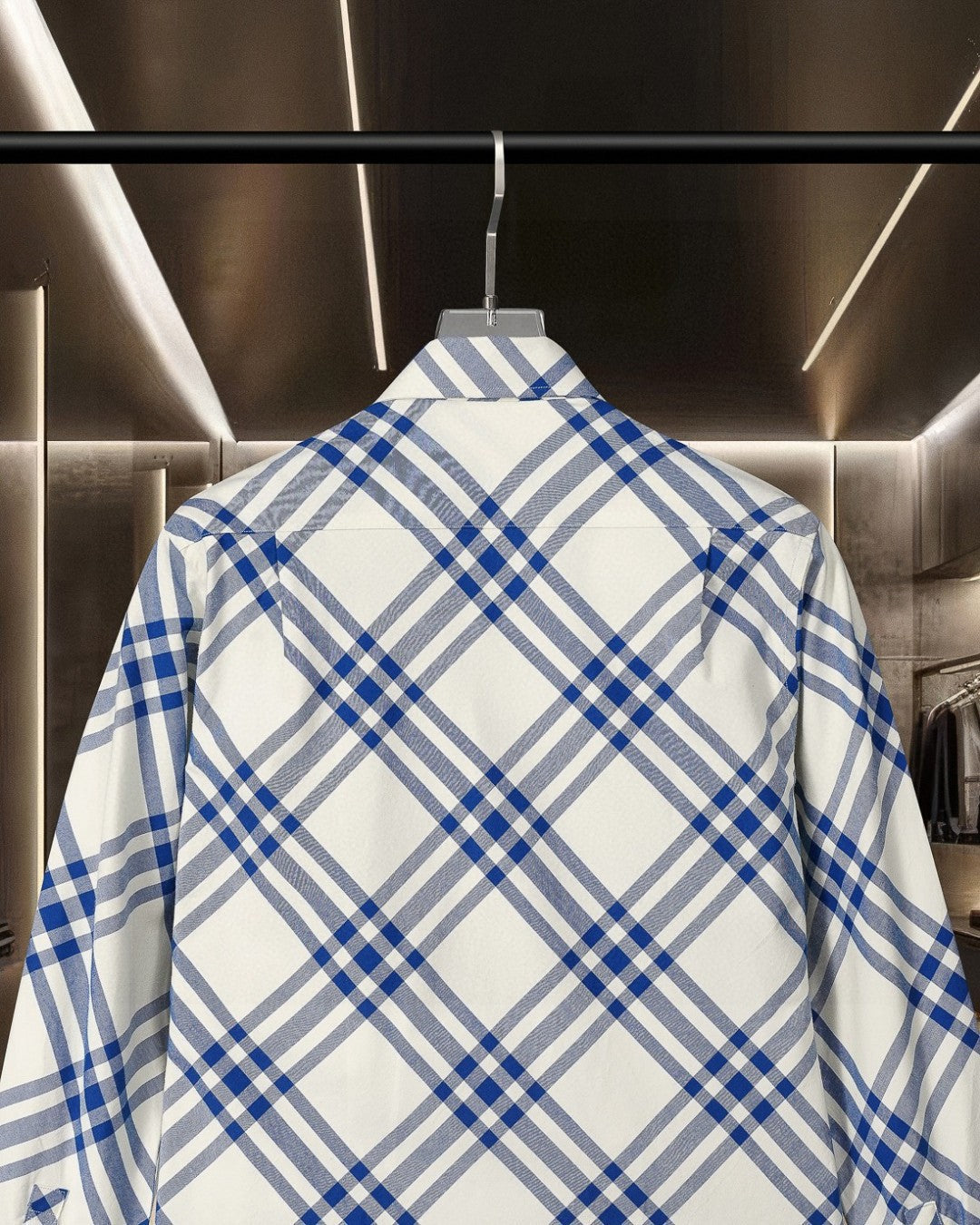 Long-sleeve plaid shirt back view close-up, blue and white check pattern