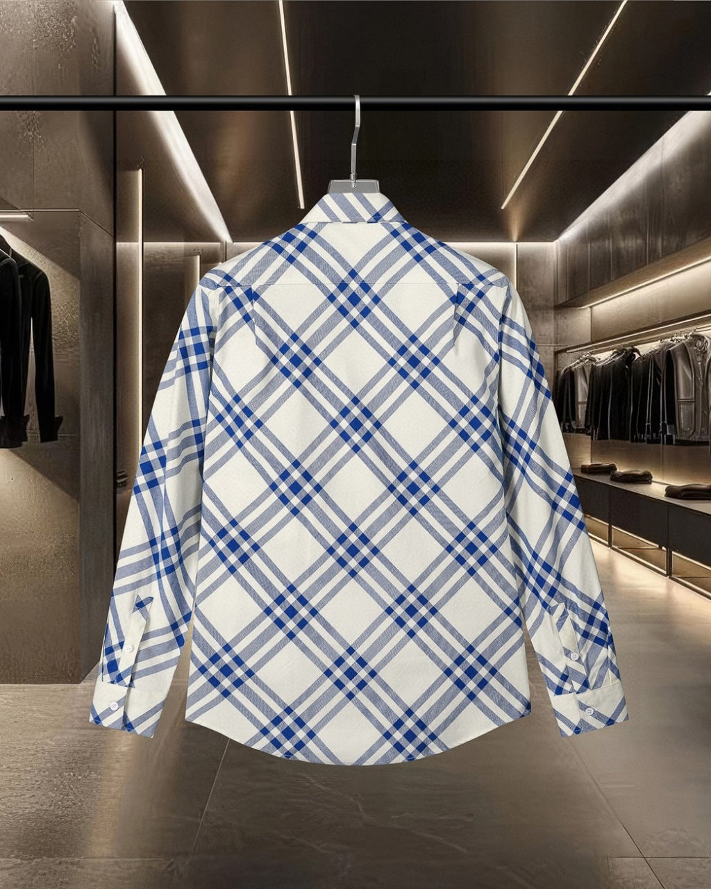 Long-sleeve plaid shirt shown from the back, blue and white grid pattern