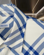 Blue-and-white plaid shirt fabric close-up with buttoned cuff and collar
