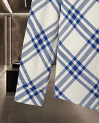 Long-sleeve plaid shirt sleeve and side view, blue and white check