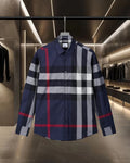 Burberry plaid long-sleeve shirt with button front, navy/gray/white/red check