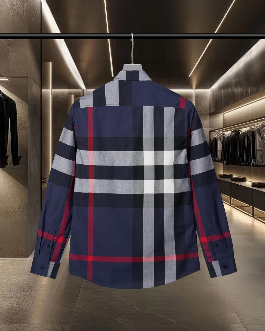 Burberry plaid long-sleeve shirt, back view with navy/gray/white/red check pattern