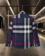 Burberry plaid long-sleeve shirt, back view with navy/gray/white/red check pattern