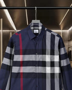 Burberry plaid long-sleeve shirt with spread collar and button placket in navy check