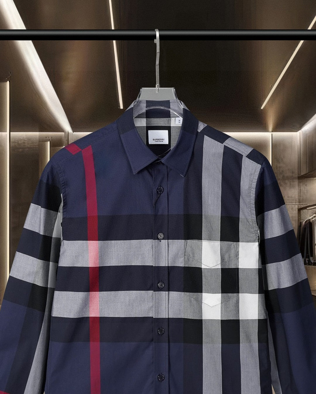 Burberry plaid long-sleeve shirt with spread collar and button placket in navy check